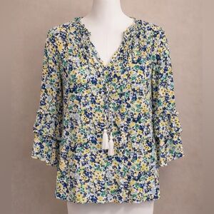 crown & ivy Floral Tassel V-Neck Blouse in Yellow, Blue & Green